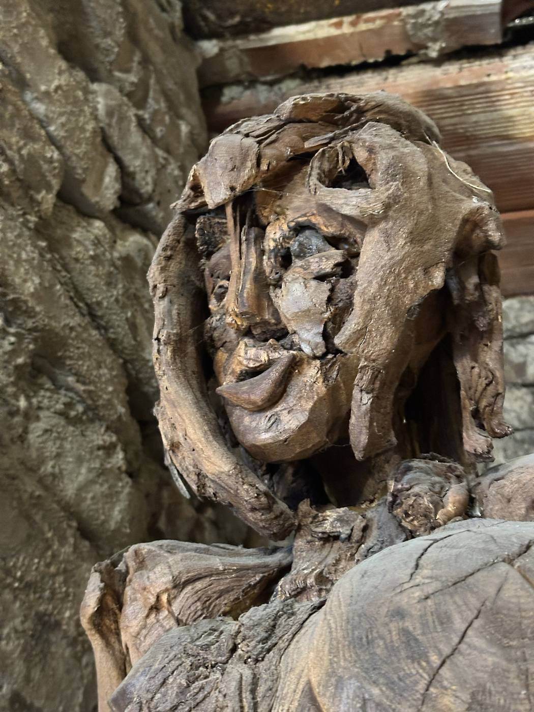 Detail van een gezicht gevormd in verweerd hout door Gualtiero Fulvio Caiafa