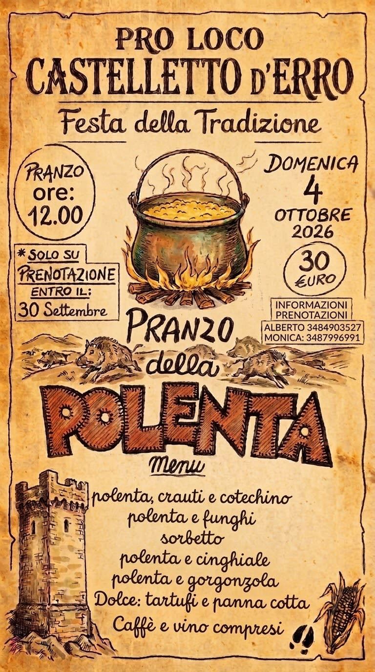 Aankondiging van de Pranzo della Polenta 2026, georganiseerd door de Pro Loco Castelletto d'Erro